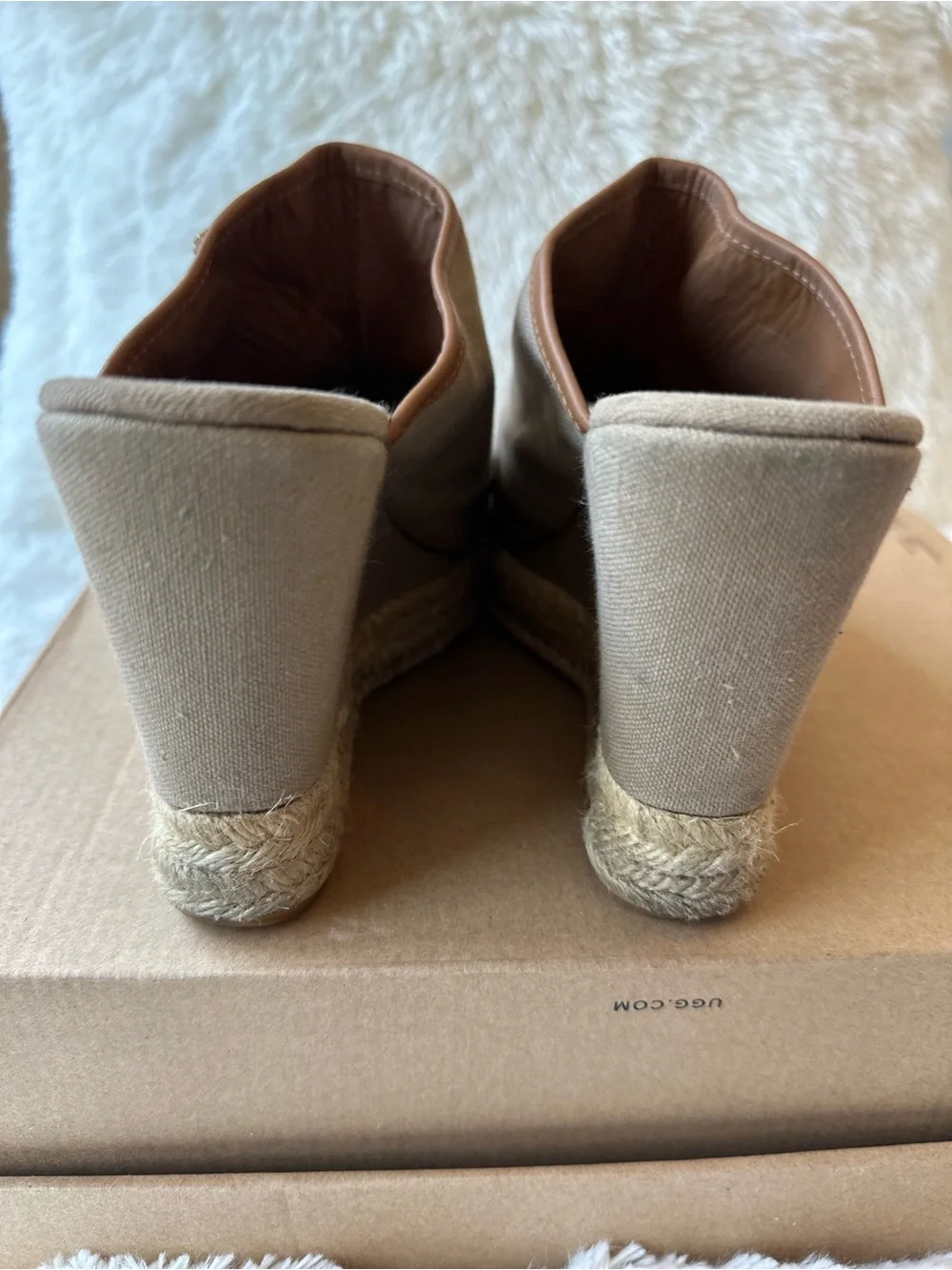 Tory Burch Agatha Canvas Espadrille Wedge Mule Sandals Tan Size 9.5 Peep Toe
